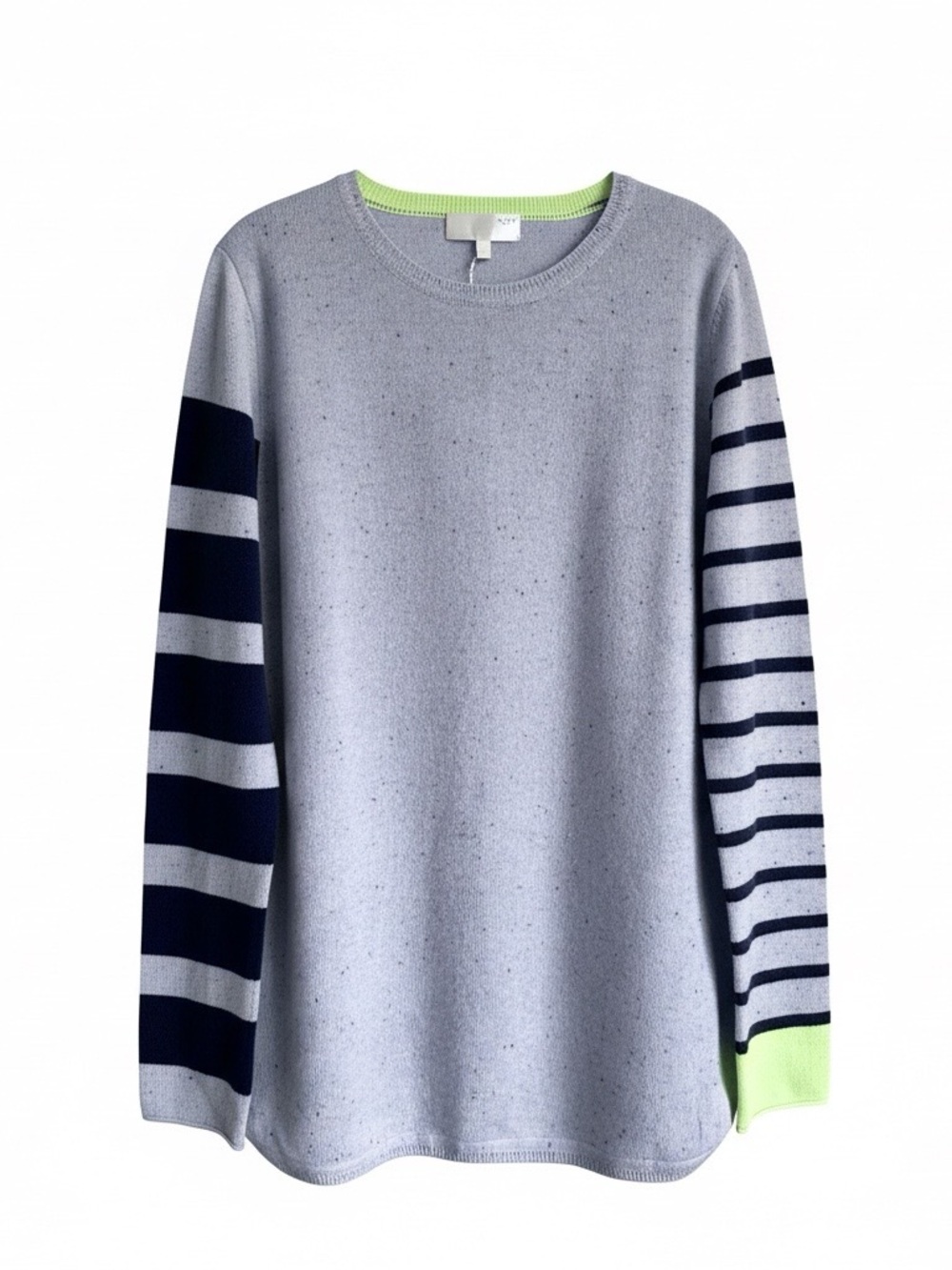 Lisa Todd Light Gray Crewneck Sweater with Navy Striped Sleeves and Lime Trim